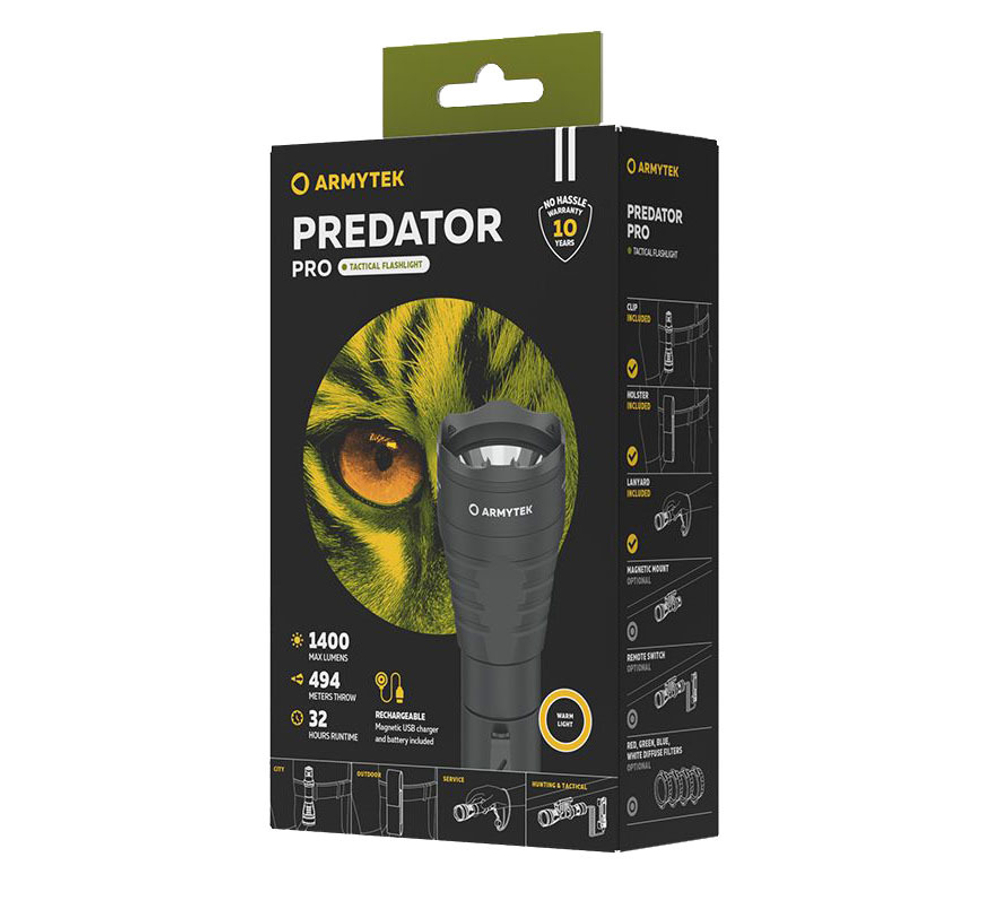 Фонарь светодиодный тактический Armytek Predator Pro Magnet USB, 1400 лм, теплый свет, аккумулятор