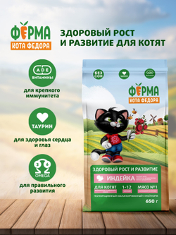 Сухой корм Ферма кота Федора для котят от 1 месяца, беременных и кормящих кошек с индейкой 650 г