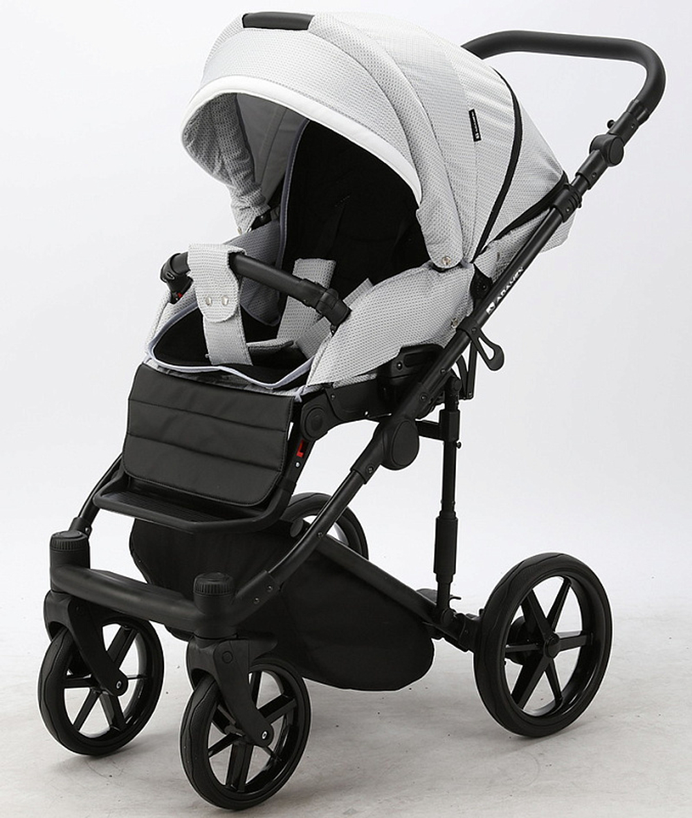 Детская коляска Adamex Rimini 2 в 1 RI29-LUX СВ.СЕР.ЖАККАРД+ЧЕРН.КОЖА+БЕЛ.ОТДЕЛКА