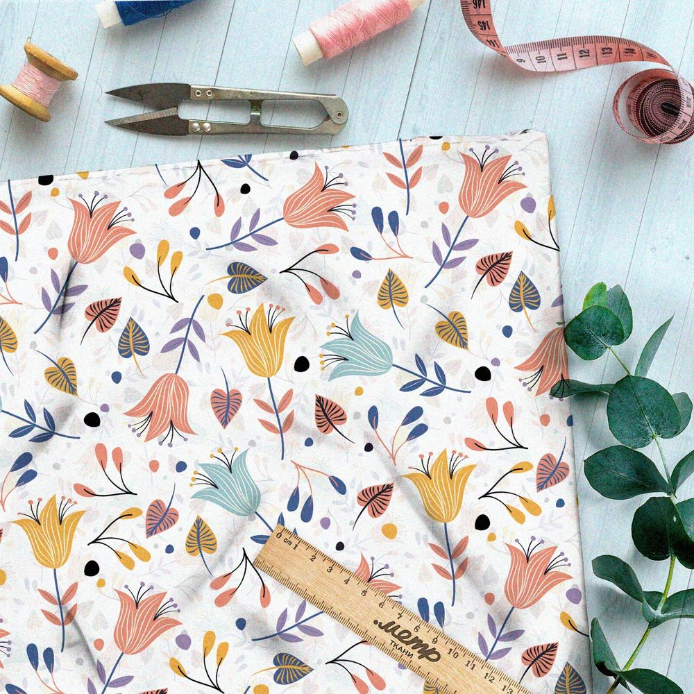 Ткань сатин пастельные колокольчики на белом фоне