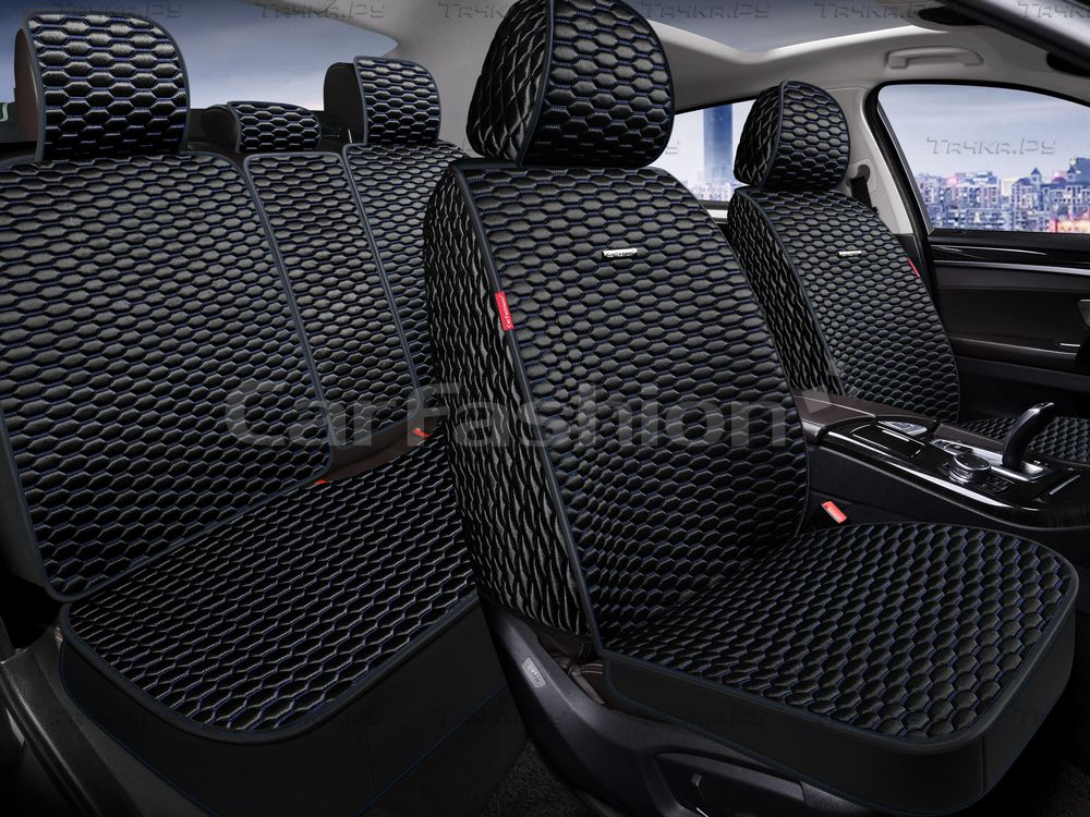Накидки сидений ПОЛНЫЙ CarFashion (кт) -«ATLAS PLUS» 27346 -Шелк иск черный/черный/синий