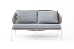 "Милан" диван 2-местный плетеный из роупа, каркас алюминий светло-серый (RAL7035) муар, роуп серый меланж круглый, ткань светло-серая