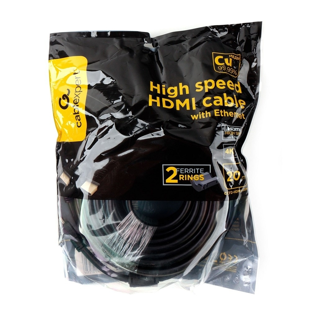 Кабель HDMI Cablexpert 19M/19M, v2.0, медь, позол.контакты, экран, 2 фер.кольца, 20м, черный, пакет (CCF2-HDMI4-20M)