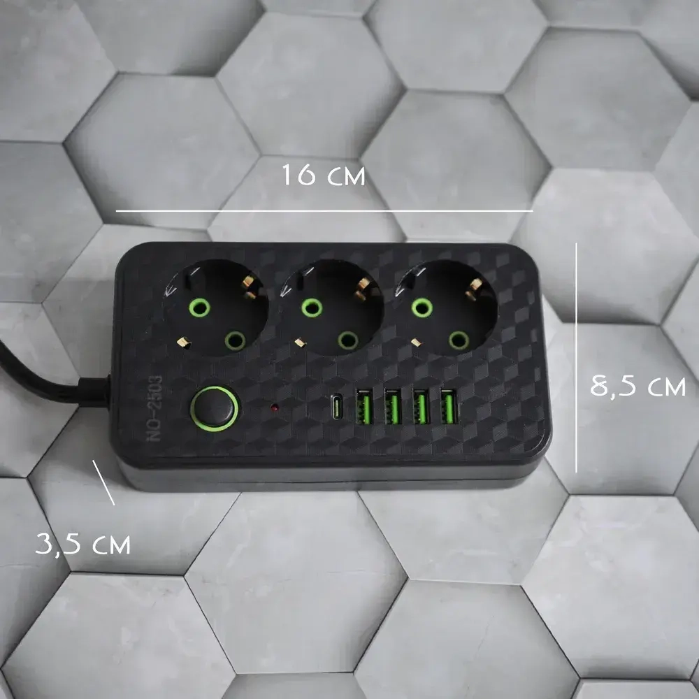 Сетевой фильтр с 2 USB-портами, 1 Type-C,3 розетки