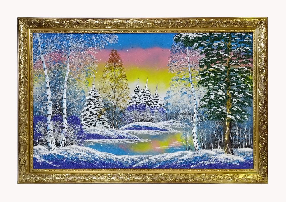 Картина № 8 &quot; Зимний вечер&quot; рисованная уральскими минералами в деревянном багете , размер 59-89-2.5см