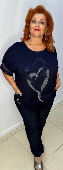 Темно-синяя туника со стразовым принтом 2-х сердец