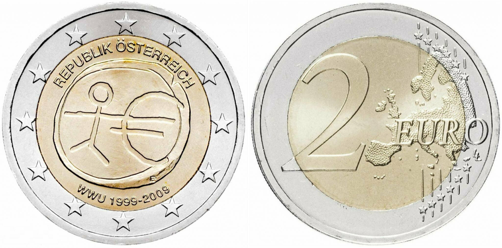 Австрия 2 евро, 2009 10 лет монетарной политике ЕС (EMU) и введению евро aUNC