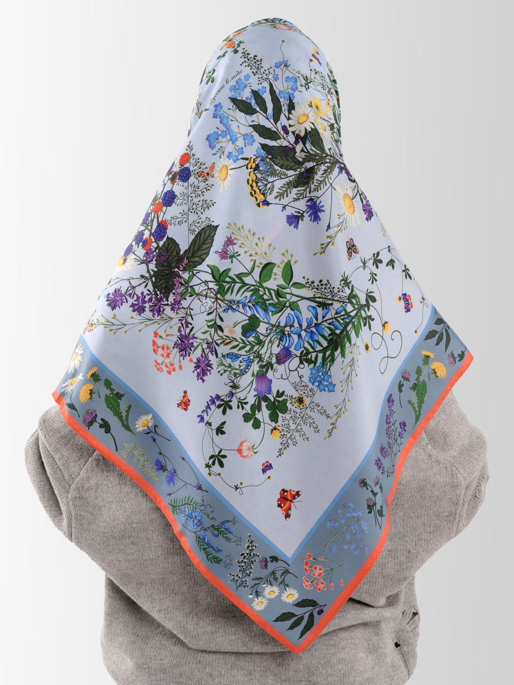 Платок «Русский полевой букет» серый 100% шёлк