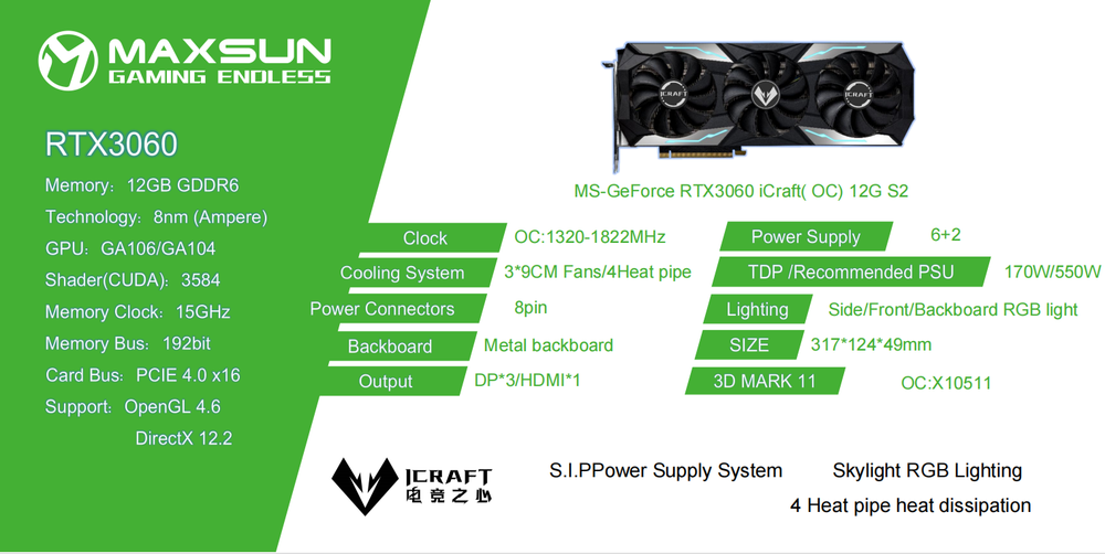 Видеокарта Maxsun MS-Geforce RTX3060 (ICRAFT OC 12G)