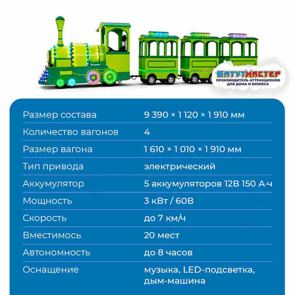 Аттракцион паровозик на колёсах «Лаймовый рейс», 4 вагона, 20 мест