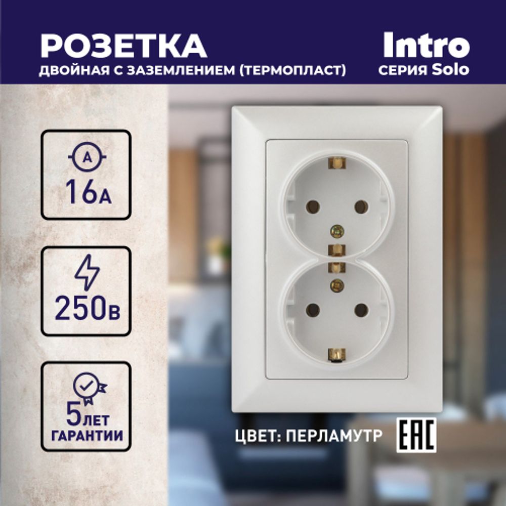 Розетка Intro Solo 4-205-06 с заземлением двойная 2X2P+E Schuko, 16А-250В, IP20, СУ, перламутр