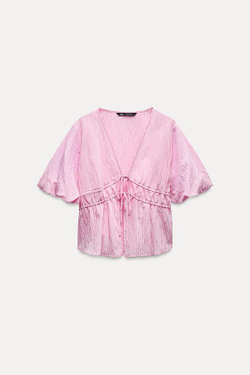 ZARA ТОП В ПОЛОСКУ С БАНТИКАМИ, РОЗОВЫЙ/БЕЛЫЙ