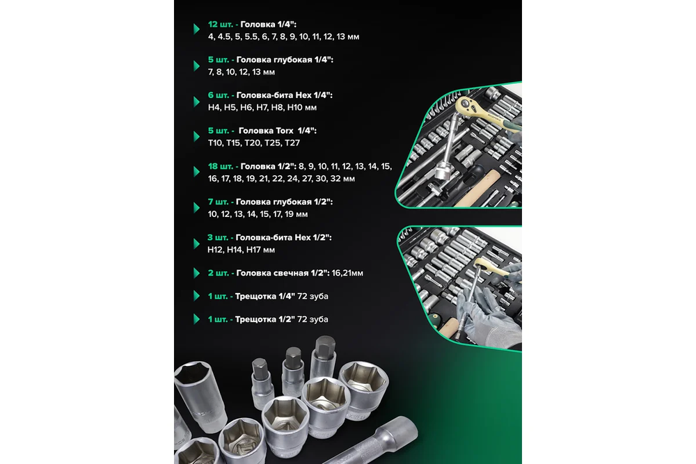 Набор инструмента RF-41282-5 1/2"&1/4"DR с 6-гранными головками 128пр. ROCKFORCE