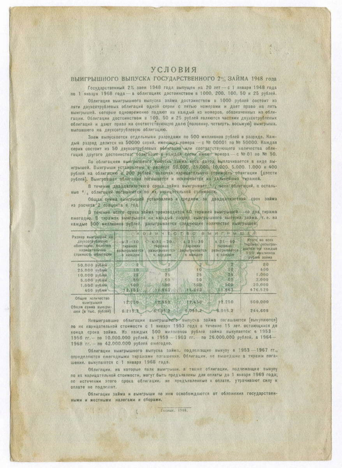 Облигация 100 рублей 1948 год. 2% заем - выигрышный выпуск. Серия № 004701. F-VF