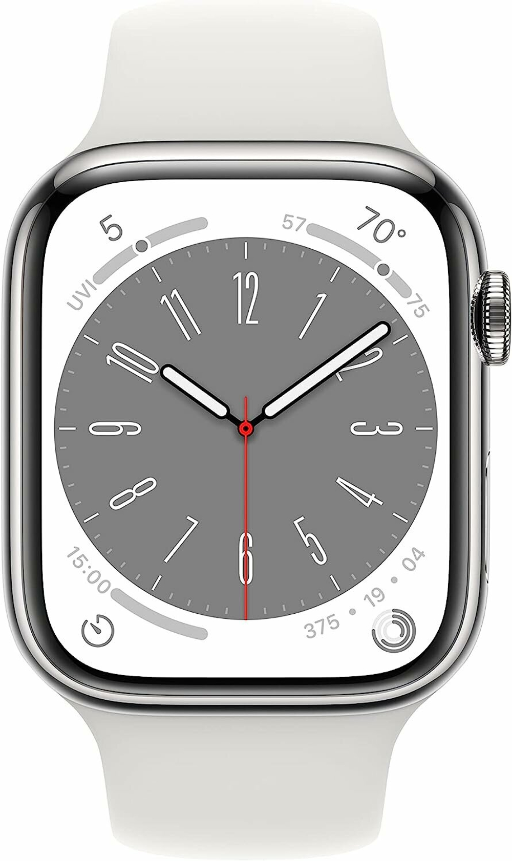 Apple Watch Series 8 45mm Silver Stainless Steel Case with White Sport Band, M/L (GPS + Cellular) (MNVW3LL/A)