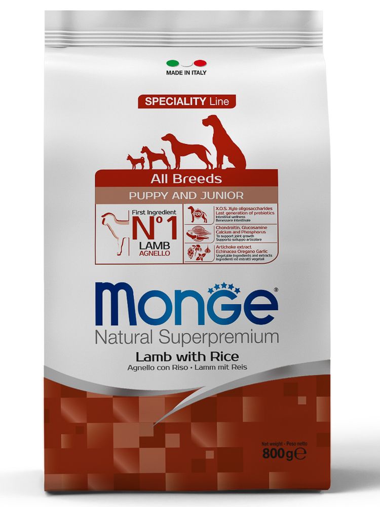 Cухой корм Monge Dog Speciality Line Puppy&amp;Junior корм для щенков всех пород, из ягненка с рисом и картофелем 800 г
