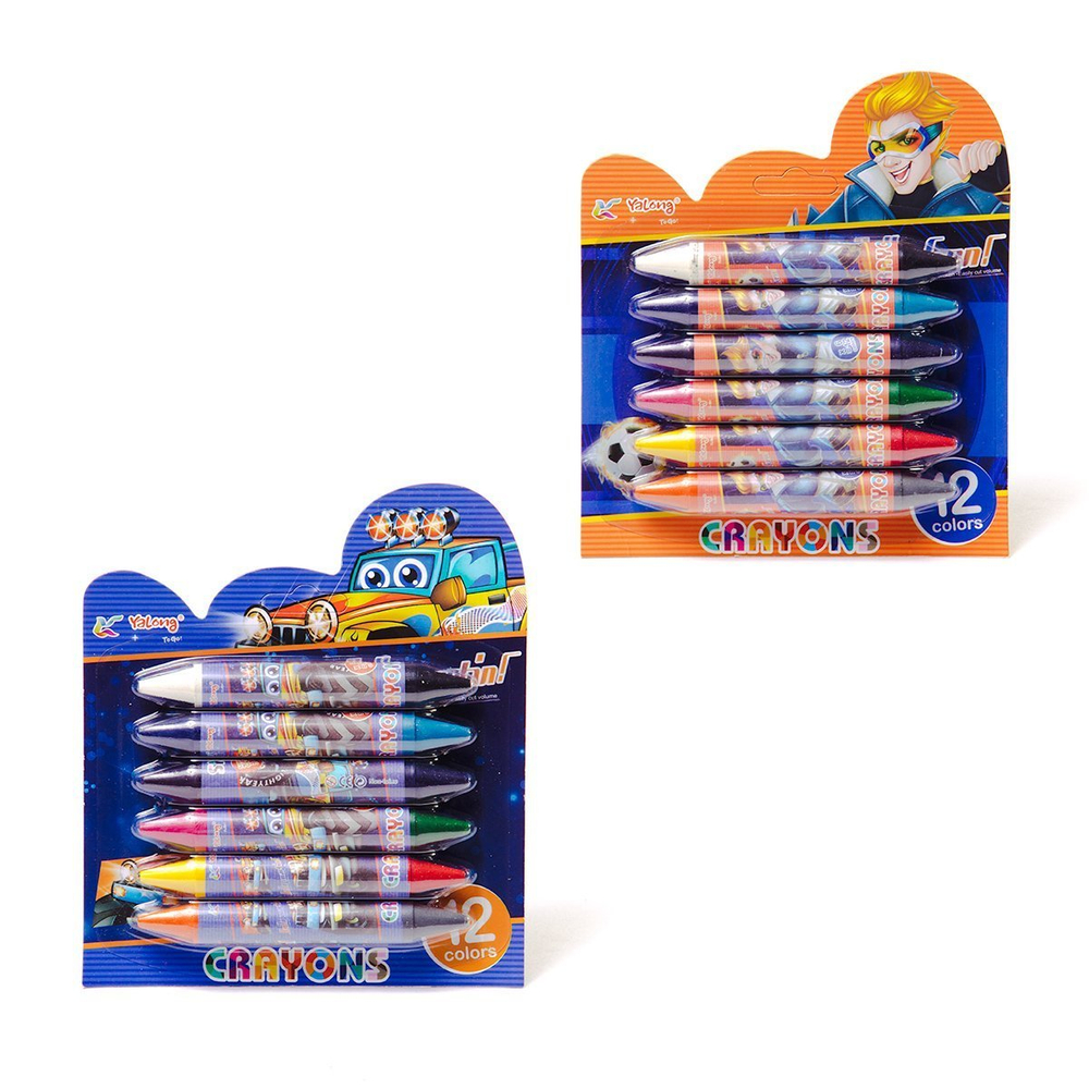 Мелки восковые Yalong, 12 цв/6 шт, "Детский mix" (принцессы,робот,гонщик), двухсторонние, диаметр 15 мм, круглые, в блистере