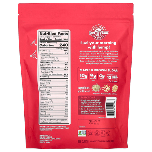 Manitoba Harvest, Овсянка быстрого приготовления, кленовый сироп и коричневый сахар, 5 пакетиков по 51 г (1,8 унции)