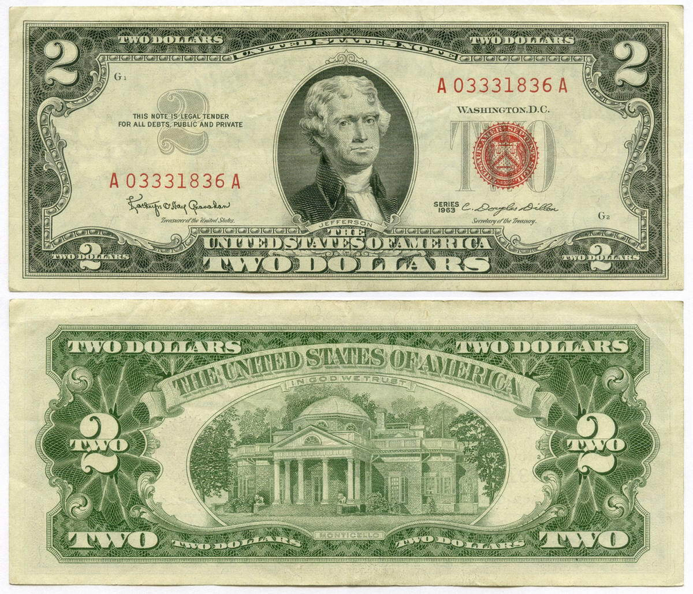 Банкнота США 2 доллара 1963 A 03331836 A. VF-XF
