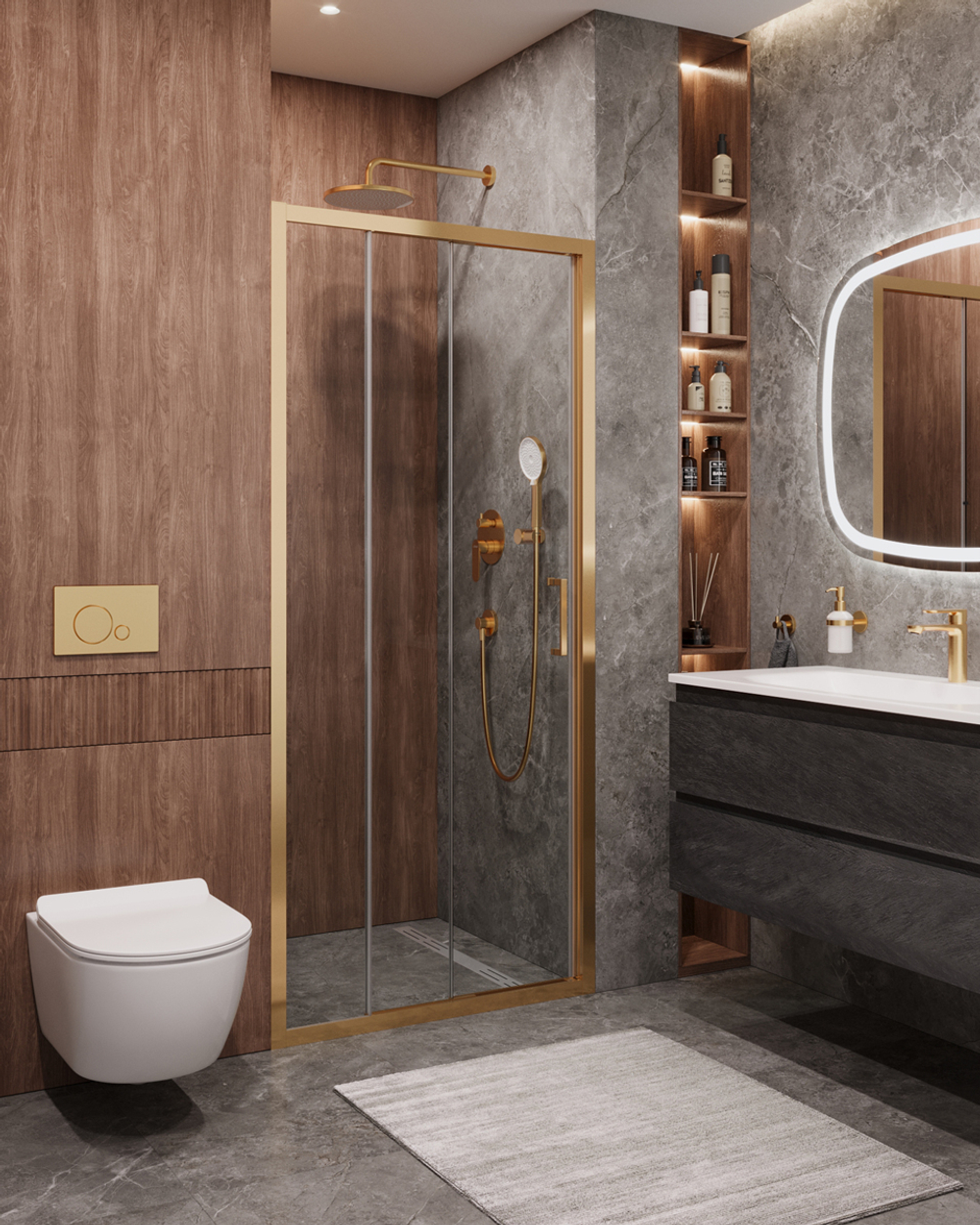 Душевая дверь CEZARES MOLVENO-BF-3-100-C-BORO-IV, 100х195, профиль брашированное золото, прозрачное стекло