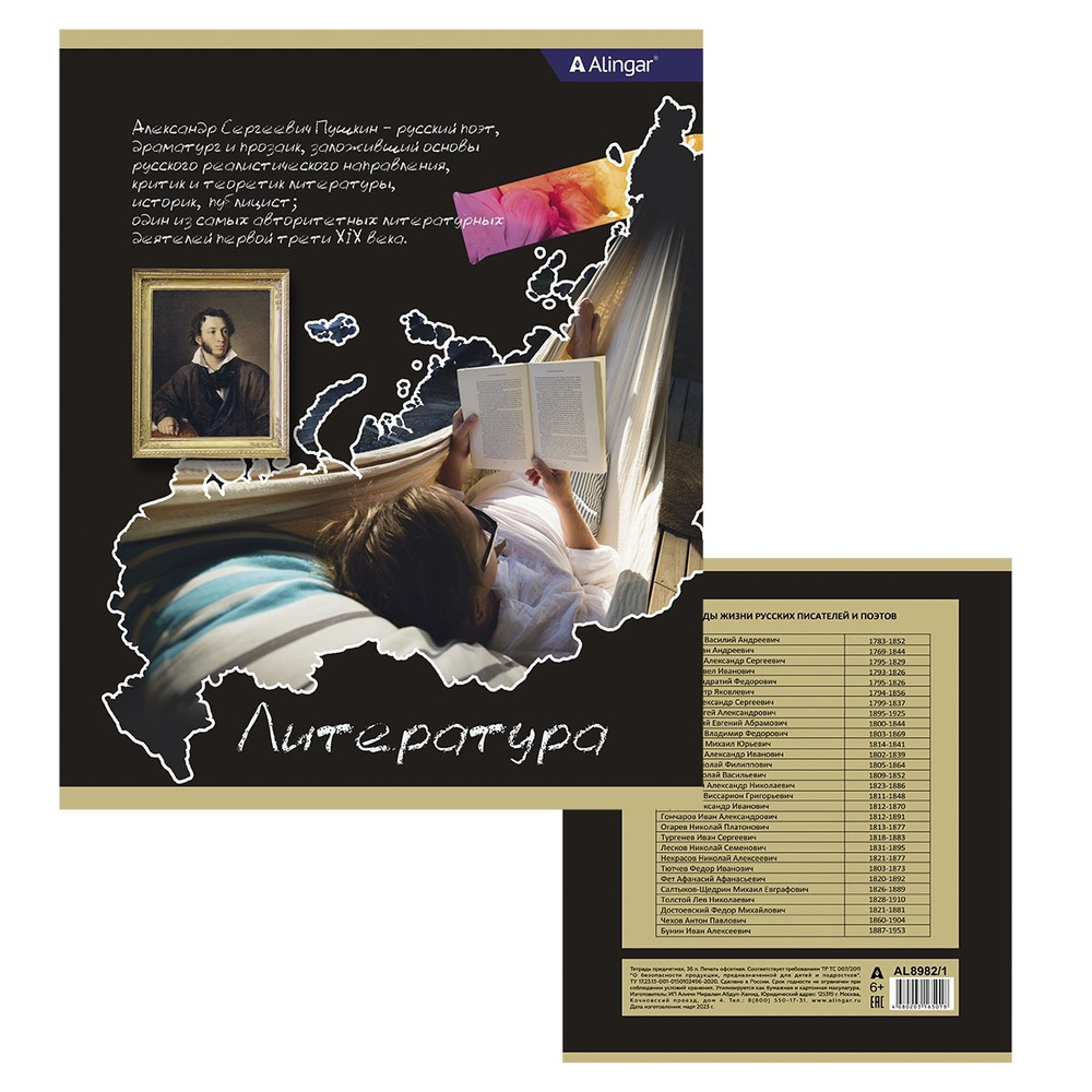 Тетрадь предметная 36л. А5 "Литература " со справочным материалом, скрепка, мелованный картон (стандарт), блок офсет, Alingar "К доске!"