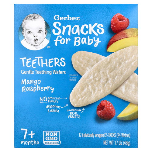 Gerber, Snacks for Baby, прорезыватели, вафли для защиты зубов, от 7 месяцев, манго и малина, 12 упаковок в индивидуальной упаковке, 2 пакетика по 4 г (0,14 унции)