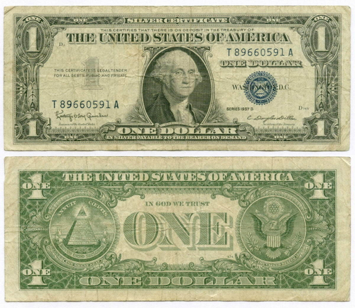 Банкнота США 1 доллар (серебряный сертификат) 1957B T 89660591 A. F