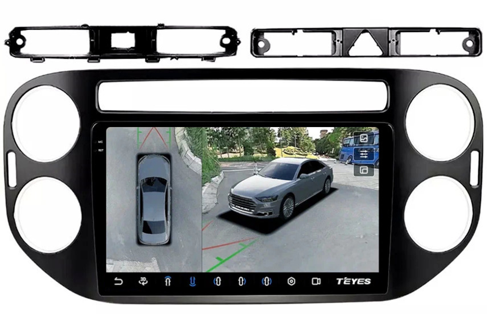 Магнитола для Volkswagen Tiguan 1 2007-2016, Golf Plus (рамка 9 чёрная, любая кнопка) - Teyes CC3-2K-360 на Android 10, 2K QLED, 6Гб+128Гб, CarPlay, 4G SIM-слот, 4 камеры в комплекте