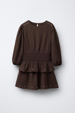 ZARA ПЛАТЬЕ С ВОЛАНАМИ И ЗАКЛЕПКАМИ, КОРИЧНЕВЫЙ