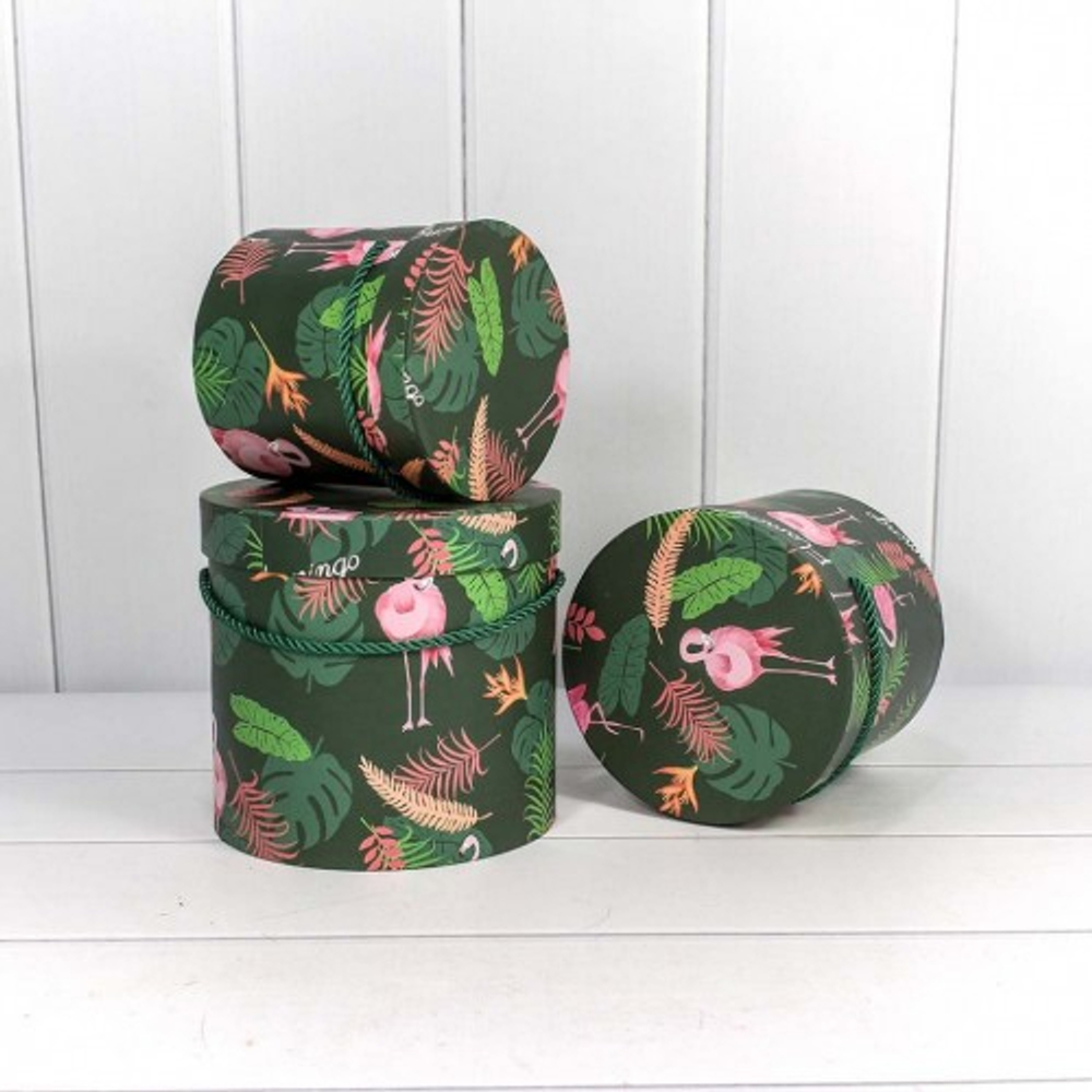 Коробка 18х17.2 см Набор 3 шт "Фламинго на зелёном фоне" (Зеленый)