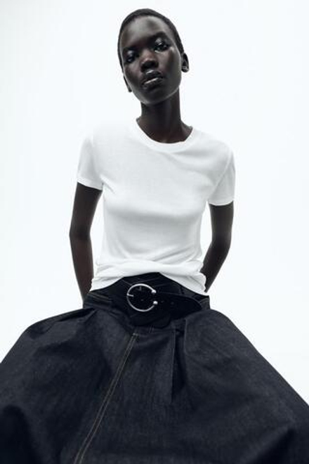 ZARA ФУТБОЛКА ИЗ ВИСКОЗЫ В РУБЧИК, БЕЛЫЙ