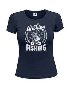 Футболка Wishing I was fishing женская приталенная темно-синяя с белым рисунком