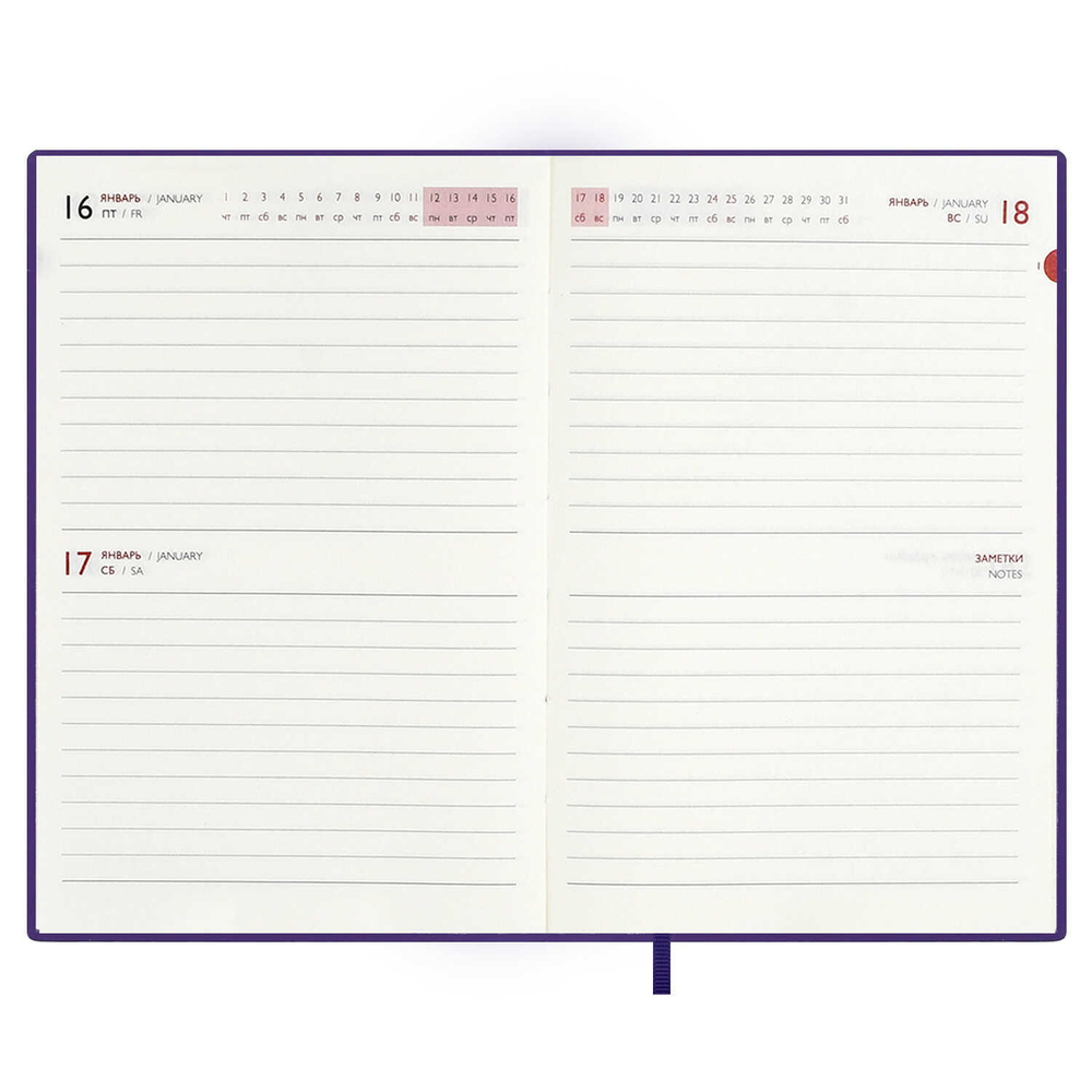 Ежедневник датированный 2026 ESCALADA, А6, 120 л., арт. 70317/ 20 БЕЙБИСКИН ФИОЛЕТОВЫЙ (кожзам: 105x150 мм, мягкий переплёт, материал обложки: искусственная кожа "Бейбискин"; декор: тиснение фольгой; способ крепления блока: ниткошвейный; вн. блок: 12