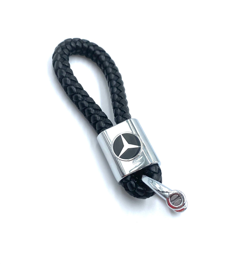 Брелок для ключей кожаный с эмблемой Mercedes с карабином  (кожзам, косичка, черный цвет)