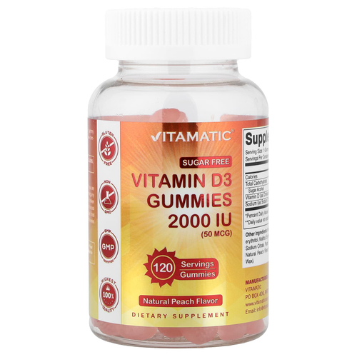 Vitamatic, Жевательные таблетки с витамином D3, натуральный персиковый вкус, 2000 МЕ (50 мкг), 120 жевательных таблеток