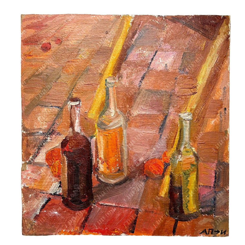 Н/х. Натюрморт с тремя бутылками и мандаринами / Осенний пейзаж. Картон, масло. 1980-е