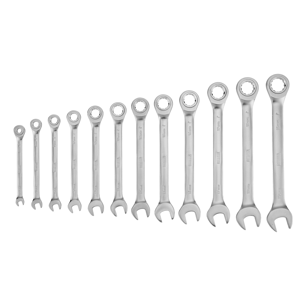 Набор ключей комбинированных трещоточных 6-19 мм, 12 шт., CrV, матовый хром Denzel