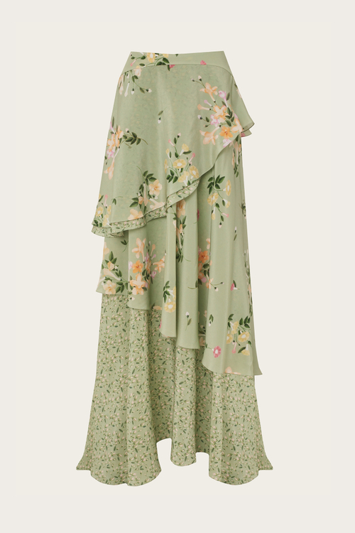 ЮБКА ИЗ ЗЕЛЕНОГО ШЕЛКА С АВТОРСКИМ ПРИНТОМ