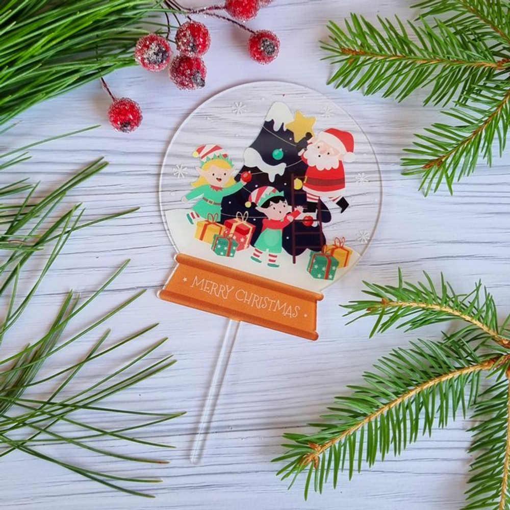 Топпер «Merry Christmas» волшебный шар (Санта с эльфами)