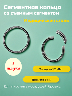Сегментное кольцо 8 мм со съемным сегментом для пирсинга. Черное, Медицинская сталь