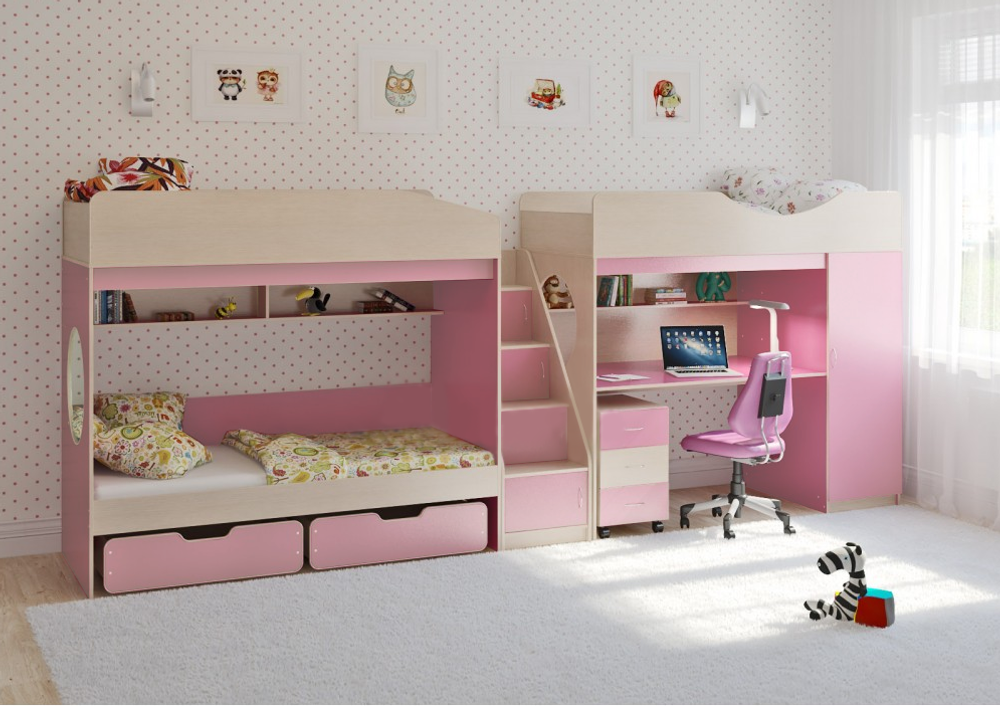 Трехъярусная кровать КарИВи Легенда 10.6  Дуб Молочный Розовый