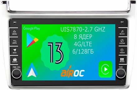 Магнитола для Volkswagen Polo 2009-2020 (серебро) - Airoc AB-3707S (кнопки и крутилки), Android 13, TS20, 6/128Гб, SIM-слот, CarPlay