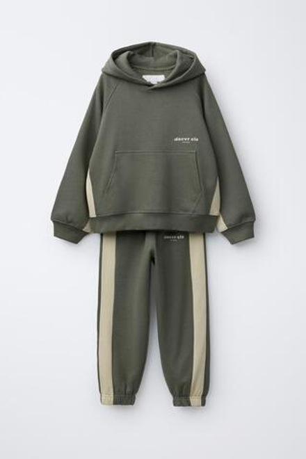ZARA КОМПЛЕКТ ИЗ ТОЛСТОВКИ С КАПЮШОНОМ И БРЮК-ДЖОГГЕРОВ С ПОЛОСАМИ, ХАКИ