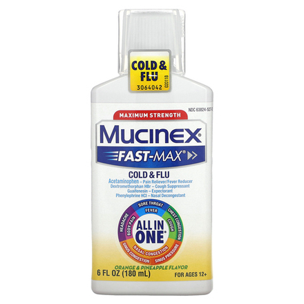 Mucinex, Fast-Max, простуда и грипп, максимальная сила действия, для детей от 12 лет, апельсин и ананас, 180 мл (6 жидк. унций)