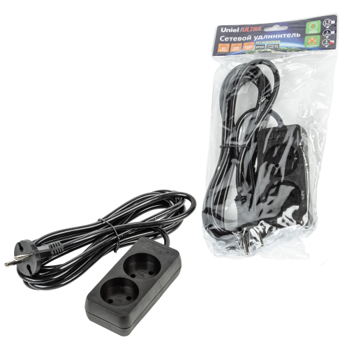 S-CU2-3 BLACK Удлинитель серии Ultra, шнур 2м., 2 гнезда, 10A, б/з. Черный. TM Uniel