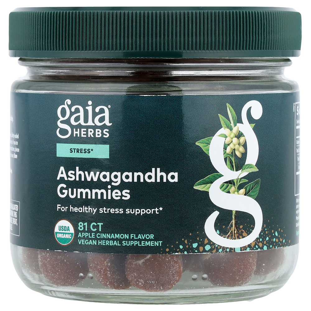 Gaia Herbs, жевательные таблетки с ашвагандой, со вкусом яблока и корицы, 81 шт.