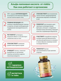 Альфа-липоевая кислота VIABIO 100 мг, капсулы для стройной фигуры и детокса, антиоксидант, 60 капсул