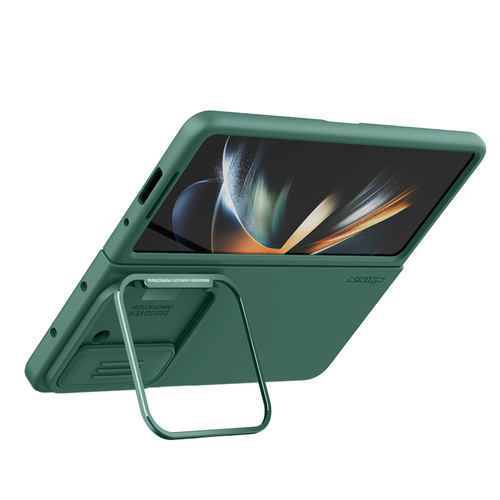 Чехол зеленого цвета покрытый жидким силиконом от Nillkin для Samsung Galaxy Z Fold 5, серия CamShield Silky Silicone Case (Stand Version) (версия с подставкой)