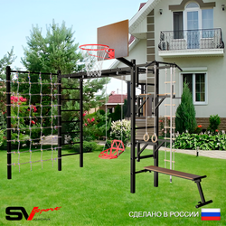 Уличная шведская стенка Sv Sport рукоход с комплектом турник прямой У5444К (Турник/Брусья/Стойка/Скамья/Со спинкой/Щит баскет/Канат/кольца/лестница/Сетка)