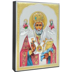 Николай Чудотворец с предстоящими. Икона в серебряном окладе.
